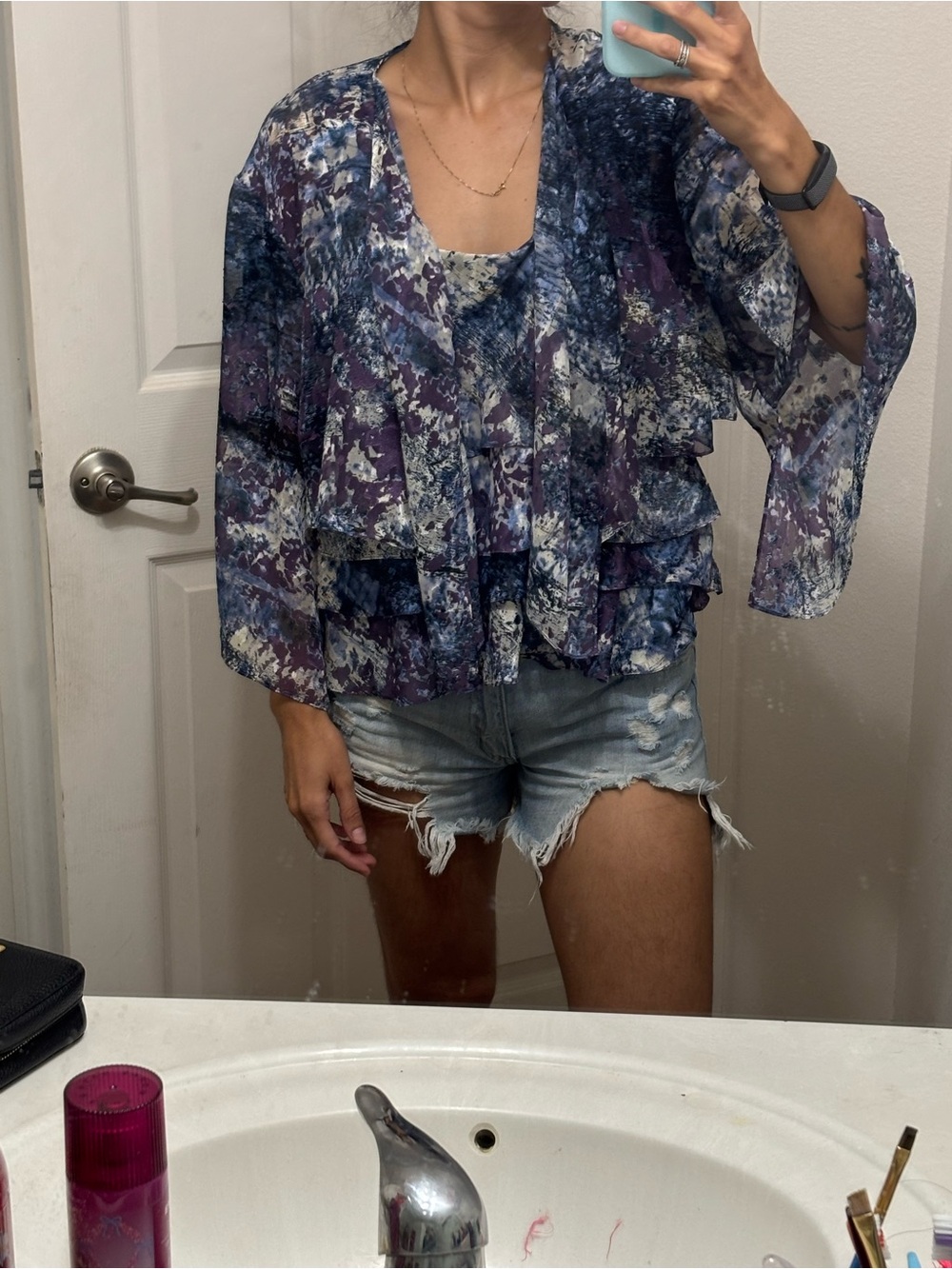 Alex Evenings 2-Piece Ruffle Overlay Top Set Size 1X Purple Blue Abstract Print